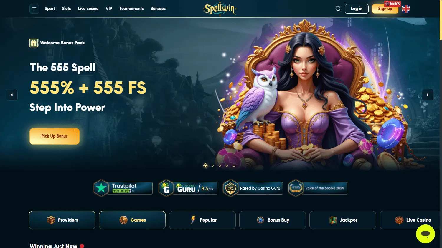 Spellwin Casino desktop home view with casino and betting options