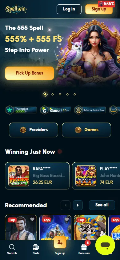 Spellwin Casino mobile browser home view