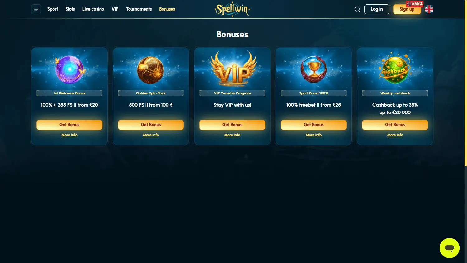 Spellwin Casino desktop promotions view with bonus and free spin offers
