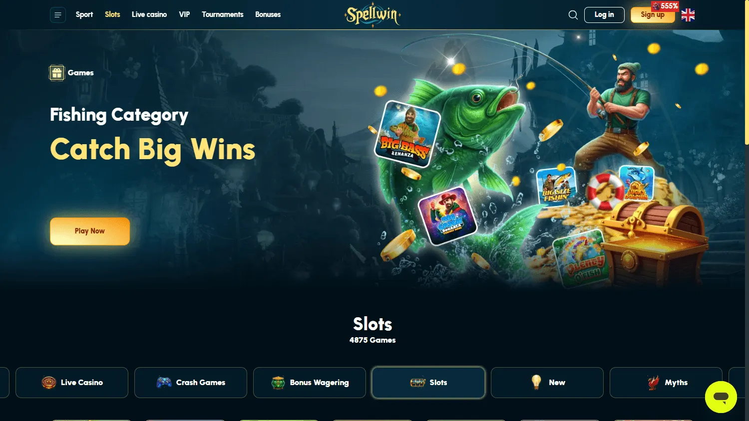 Spellwin Casino desktop games view with casino categories and titles